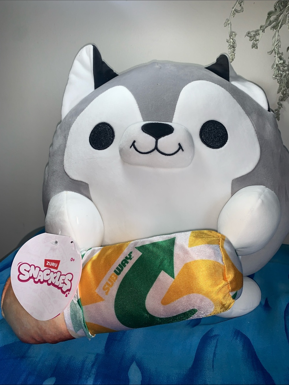 Snackles Nigel Grey & White Husky Plush with Subway Pillow